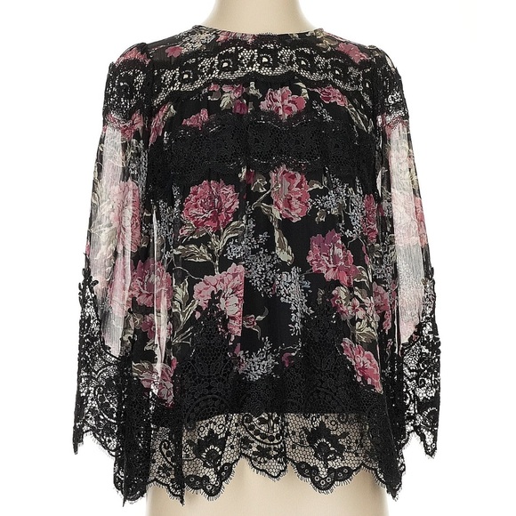 The Kooples Tops - The Kooples Black and Pink Floral Lace Blouse - Size XS - NWOT